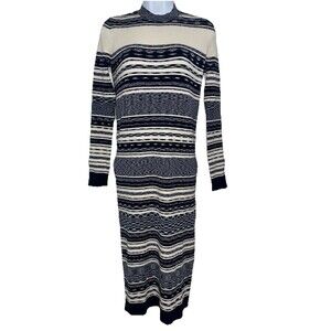 $395 Tory Burch Julie Ribbed Cotton Blend Mixed Stripe Midi Dress Navy Women XS